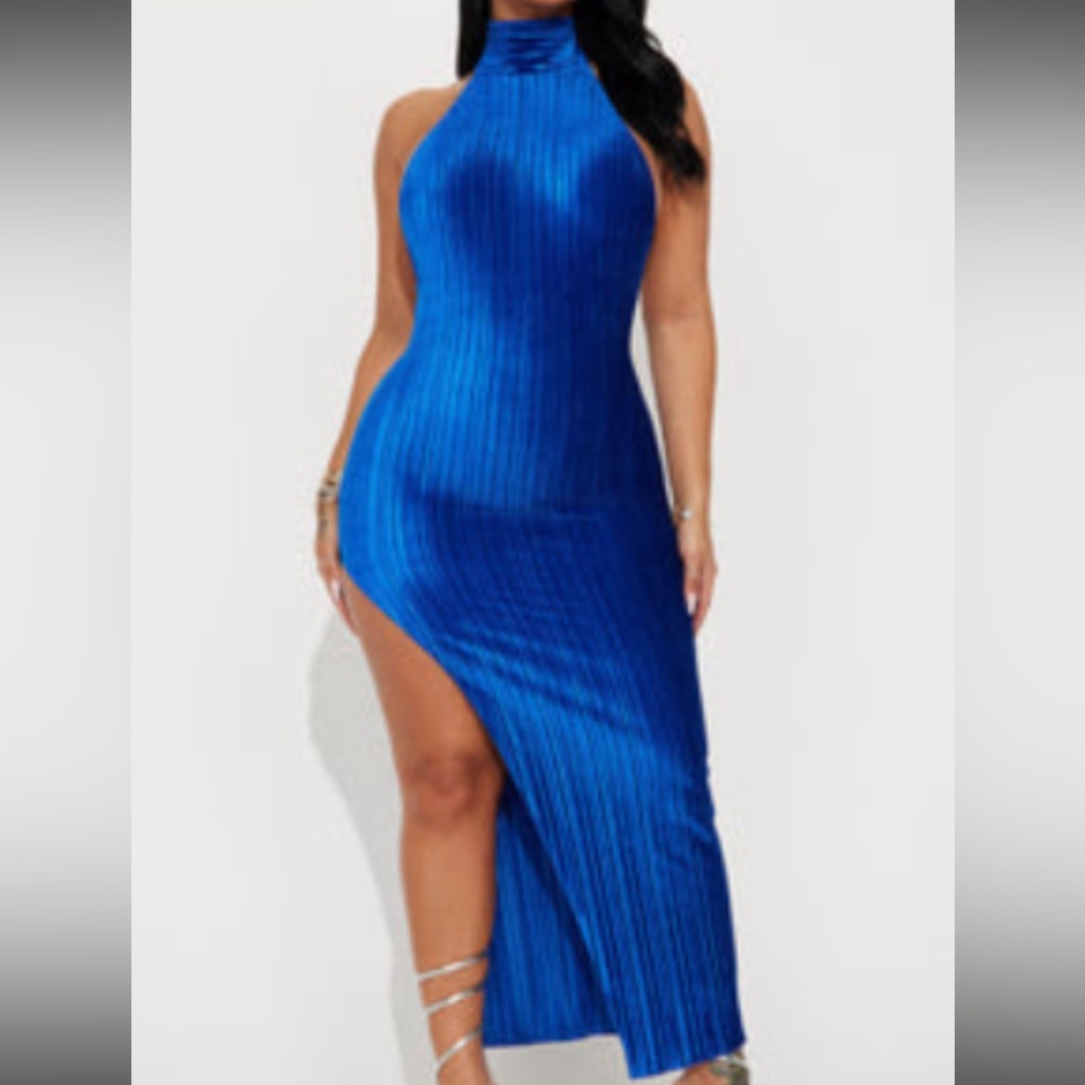 BRAND NEW WITH TAGS 🏷️ FASHION MIDI DRESS ROYAL BLUE - VELVET - HIGH SLIT- XL